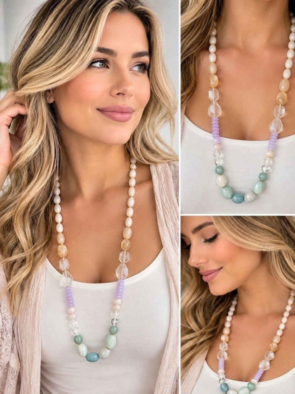 Talbots Beaded Statement Necklace in White & Purple Like New